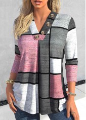 Geometric Print Button Pink Long Sleeve T Shirt