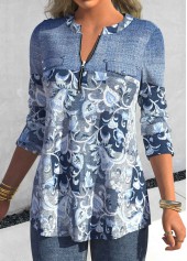 Floral Print Patchwork Denim Blue Long Sleeve Blouse