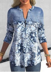 Floral Print Patchwork Denim Blue Long Sleeve Blouse