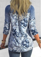 Floral Print Patchwork Denim Blue Long Sleeve Blouse