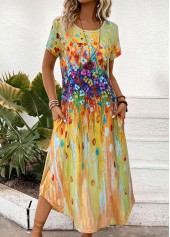 Random Floral Print Pocket Yellow Maxi Shift Dress