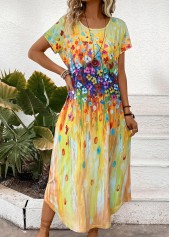 Random Floral Print Pocket Yellow Maxi Shift Dress