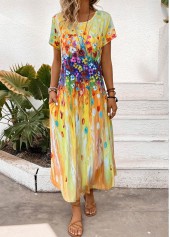 Random Floral Print Pocket Yellow Maxi Shift Dress