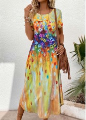 Random Floral Print Pocket Yellow Maxi Shift Dress
