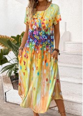 Random Floral Print Pocket Yellow Maxi Shift Dress