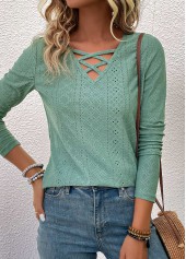 Criss Cross Green Long Sleeve V Neck T Shirt