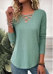 Criss Cross Green Long Sleeve V Neck T Shirt