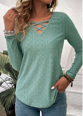 Criss Cross Green Long Sleeve V Neck T Shirt