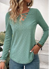 Criss Cross Green Long Sleeve V Neck T Shirt