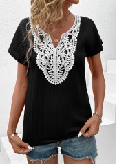 Patchwork Black Short Sleeve Split Neck T Shirt