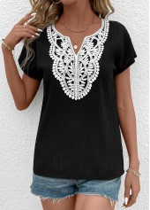 Patchwork Black Short Sleeve Split Neck T Shirt