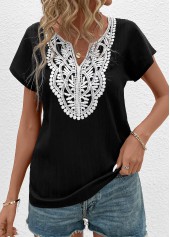 Patchwork Black Short Sleeve Split Neck T Shirt