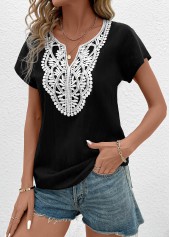 Patchwork Black Short Sleeve Split Neck T Shirt
