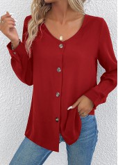 Button Wine Red Long Sleeve V Neck Blouse