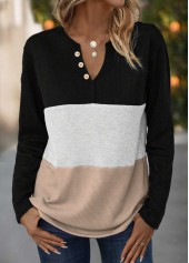 Button Black Long Sleeve Split Neck T Shirt