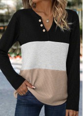 Button Black Long Sleeve Split Neck T Shirt