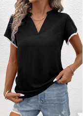 Patchwork Black Short Sleeve V Neck T Shirt