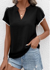 Patchwork Black Short Sleeve V Neck T Shirt