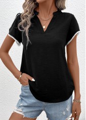 Patchwork Black Short Sleeve V Neck T Shirt