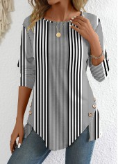 Striped Patchwork Black Long Sleeve Round Neck T Shirt