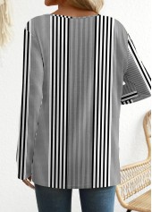 Striped Patchwork Black Long Sleeve Round Neck T Shirt