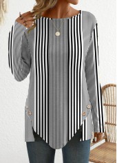 Striped Patchwork Black Long Sleeve Round Neck T Shirt