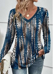 Leopard Patchwork Peacock Blue Long Sleeve T Shirt