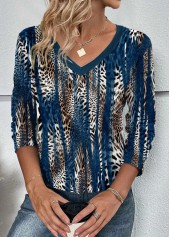 Leopard Patchwork Peacock Blue Long Sleeve T Shirt
