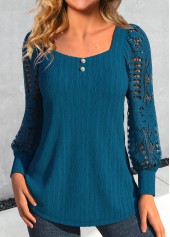 Lace Peacock Blue Long Sleeve Square Neck Blouse