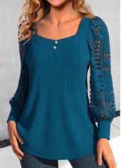 Lace Peacock Blue Long Sleeve Square Neck Blouse