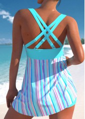 High Waisted Striped Drawstring Cyan Swimdress and Shorts
