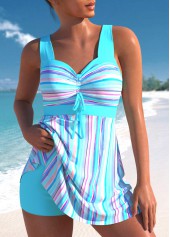 High Waisted Striped Drawstring Cyan Swimdress and Shorts