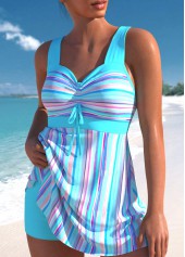 High Waisted Striped Drawstring Cyan Swimdress and Shorts
