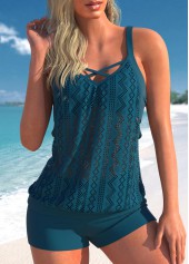Mid Waisted Fake 2in1 Peacock Blue Tankini Set