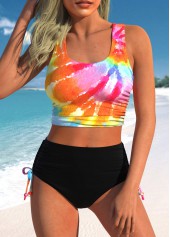 Mid Waisted Tie Dye Print Drawstring Bikini Set