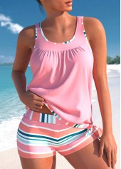 Multi Stripe Print Bowknot Pink Tankini Set