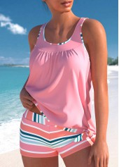 Multi Stripe Print Bowknot Pink Tankini Set