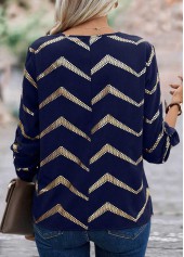 Geometric Print Hot Stamping Navy Long Sleeve Blouse