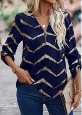 Geometric Print Hot Stamping Navy Long Sleeve Blouse