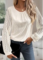 Button Beige Long Sleeve Round Neck Blouse