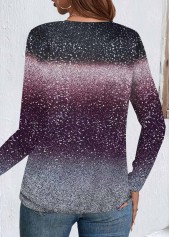 Ombre Button Purple Long Sleeve Round Neck T Shirt
