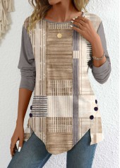 Graffiti Print Patchwork Light Camel Long Sleeve T Shirt