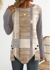 Graffiti Print Patchwork Light Camel Long Sleeve T Shirt