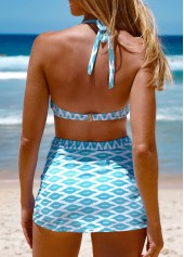 High Waisted Geometric Print Ruched Light Blue Bikini Set