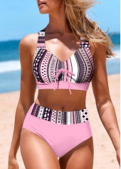 Mid Waisted Striped Patchwork Pink Bikini Set