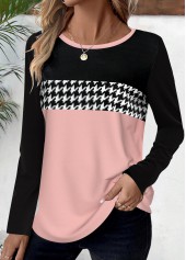 Plus Size Pink Geometric Print Long Sleeve T Shirt