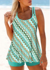 Mid Waisted Tribal Print Patchwork Cyan Tankini Set