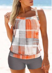 Mid Waisted Geometric Print Criss Cross Orange Tankini Set