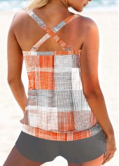 Mid Waisted Geometric Print Criss Cross Orange Tankini Set