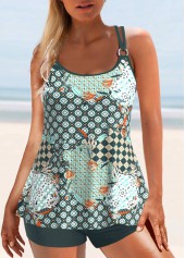 Mid Waisted Tribal Print Circular Ring Green Tankini Set